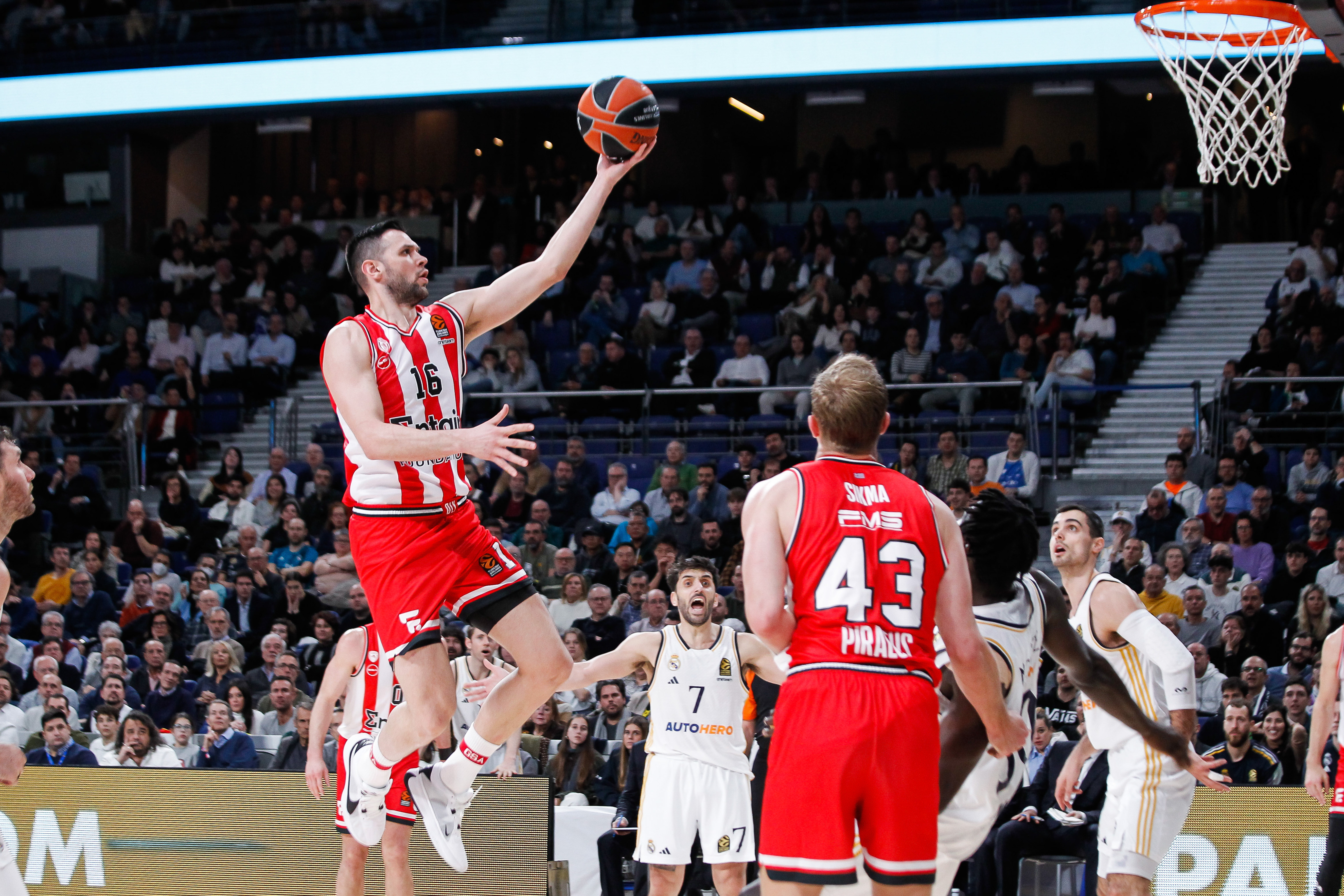 Kostas Papanikolaou of Olympiacos in action during Turkish Airlines Euroleague basketball match between Real Madrid and Olympiacos Piraeus at Wizink Center on January 25, 2024,  in Madrid, Spain.